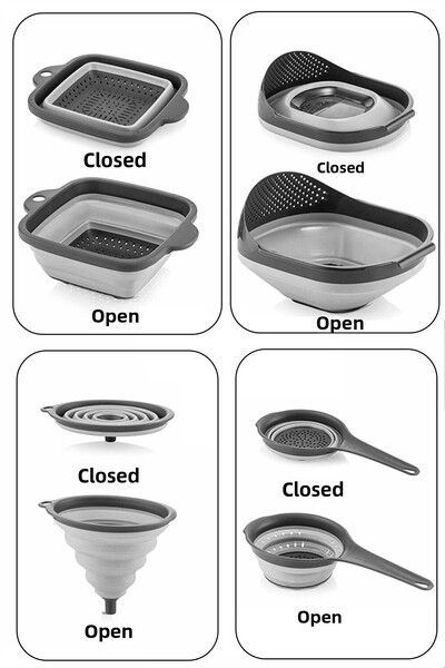 Kitchen Life 4'lü Akordiyon Katlanır Süzgeç Seti - Mutfak çeyiz Seti (akordeon Saplı Pirinç Süzgeci Huni Gri)
