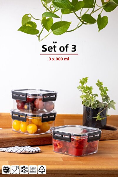 Nandy Home 900ML Set of 3 Square Clear Storage Set with Lock Lid