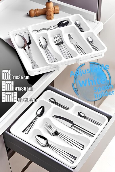 Badem10 Double Sided Adjustable Drawer Spoon Holder White Extendable Cutlery ...