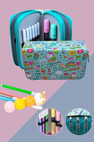 OneSize مقلمة#Yolo Unicorn Kawaii جلد نباتي ثلاثي الأقسام (حامل قلم)