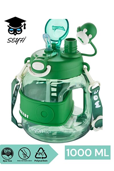 SEYFİKİRTASİYE 1000 ml Single Lid Dual Use Straw / Comfortable Drinking Neck Strap Children's Water Bottle Drinking Bowl