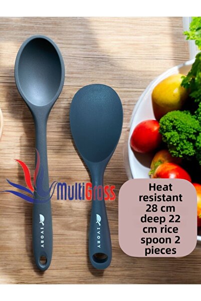 Multiamo Hard Tip Heat Resistant Fireproof Non-Stick Silicone Long Spoon 28 Cm Short Spoon 22 Cm / 2 Pcs