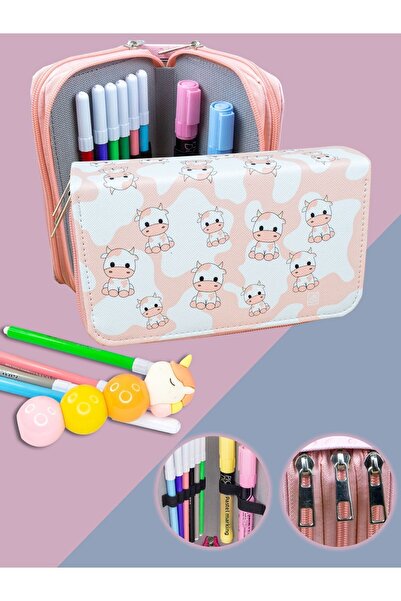 OneSize مقلمة بقرات وردية من الجلد النباتي بثلاثة أقسام (حامل قلم)