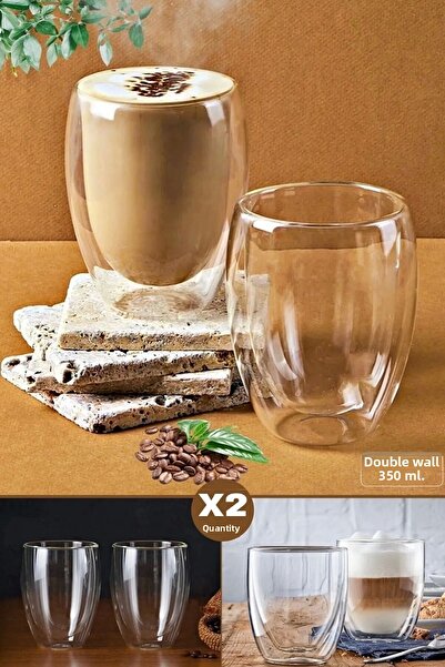 Berdina Home طقم أكواب زجاجية مزدوجة الجدار مكون من قطعتين سعة 350 مل، كوب شا...