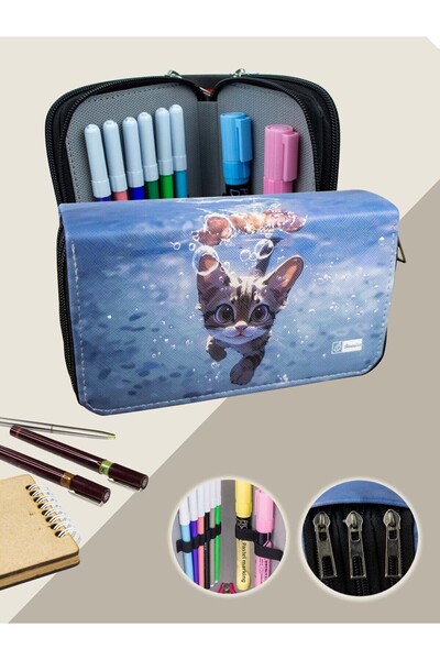 OneSize Husă pentru creion cu tematică pisică plutitoare din piele vegană cu ...