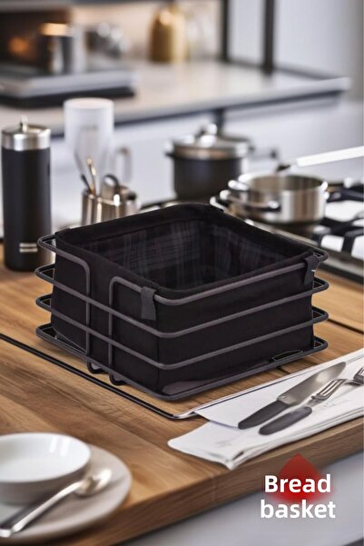 Open Home Concept Metal Black Striped Bread Basket - 1 Square Fabric