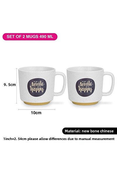Fissman 2-Piece Printed Coffee Mug 490mL ''SMILE HAPPY'', Ceramic Coffee Mug with Handle