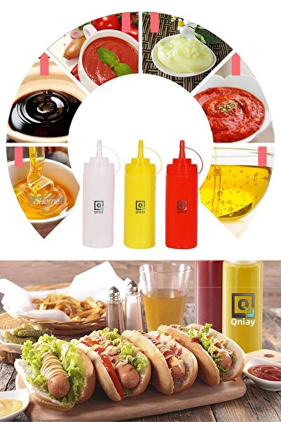 QNİAY Chef Colored Prep Bottle (3 Pieces) With Lid 1000 Ml Salad Olive Oil Ketchup Mayonnaise Squeeze Sauce Bottle