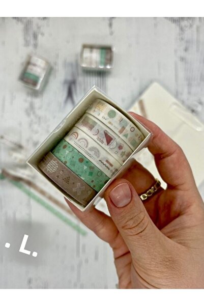 Kağıt Gemi Dükkan Bandă Washi cu model geometric maro și verde, 5 bucăți (5*2m)/Bandă Washi/Bandă de mascare/Bandă cu model