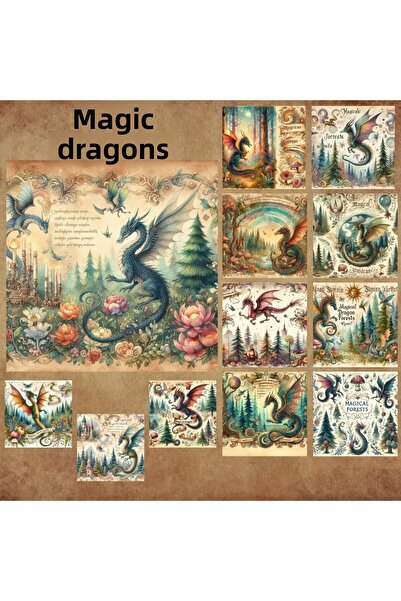 Pink Swan Craft Vintage Magic Dragons - Set de 12 autocolante pentru albume