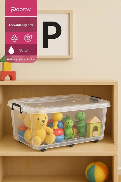 Poomy صندوق تخزين منظم من البلاستيك الشفاف سعة 30 لتر مع غطاء