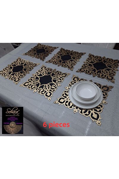SEHARA 6 броя подложка за хранене от черно кадифе, златна бродерия, 33x33 см