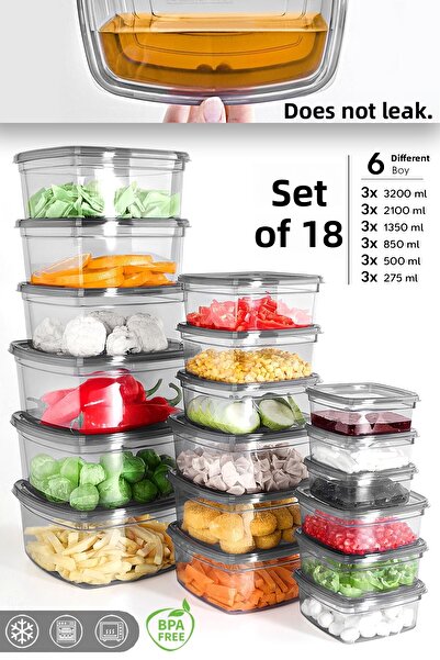 Meleni Home Set of 18 Square Leakproof Storage Containers - Microwave Safe Organizer Food Container Anthracite