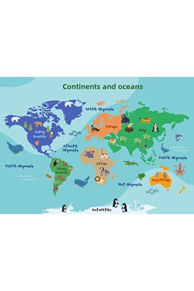 Doğal Tercih Educational Tutorial World Atlas Map Continents and Oceans Detailed Wall Sticker 70 X 100 cm