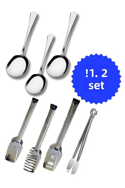 BRE HOME Set of 7 Serving Tongs/ 3 Steel Serving Spoons 4 Cake Pasta Salad Sugar Tongs
