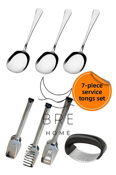 BRE HOME Set of 7 Stainless Steel Serving - Spoon, Garlic Masher, Tongs Pastry, Pasta, Salad