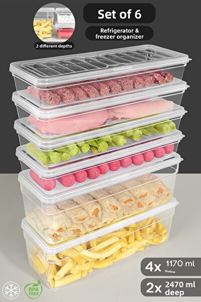 Meleni Home Set of 6 Deep and Shallow Microwave Compatible Storage Containers - Organizer with Clear Lids L