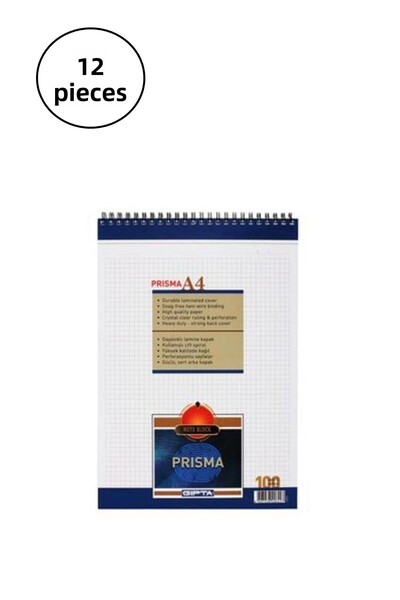 Gıpta Prisma A-4 Spiral Cardboard Cover - 100 Sheets Checkered, 12 Pieces