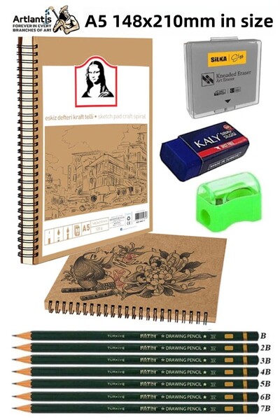 Artlantis Ring Binder A5 Kraft Sketchbook Spiral 50 Sheets Pencil Drawing Set...