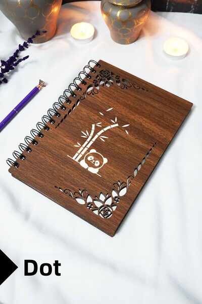 markcat Panda Wooden Cover Notebook - Dotted Notebook - 60 Sheets (120 Pages) - A5 15X21 cm