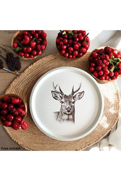 Yuva Consept صينية منقوشة غزال - 31 سم - صينية بيضاء - صينية تقديم