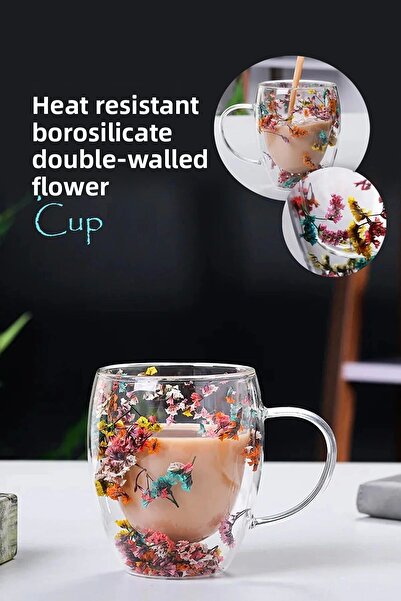 Rosemor Set of 2 Double Walled Flower Cups Coffee Tea Cup Flower Cup 350ml Handmade Glass Cup with Handle