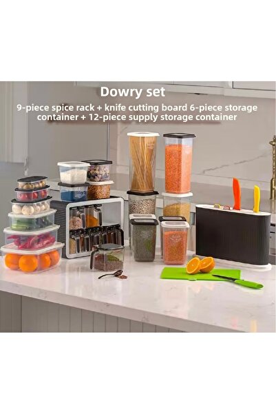 Home Tuana 36 Piece Dowry Set - Spice Rack-Dowry Storage Container-Cutting Board Set with Knives - Black-White