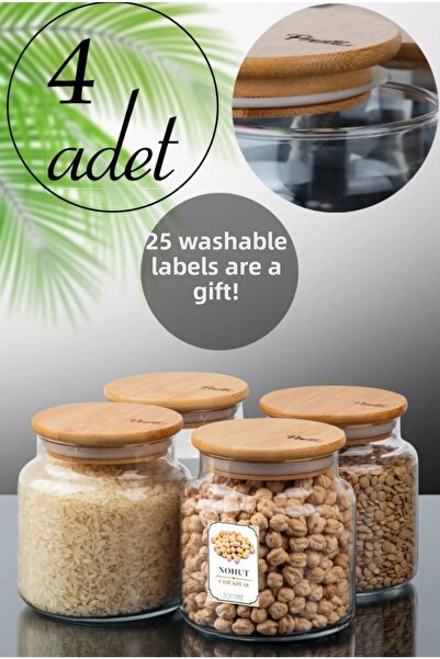 Kitchen Pembelia وعاء زجاجي مفرغ من الخيزران سعة 500 مل مكون من 4 قطع مع غطاء