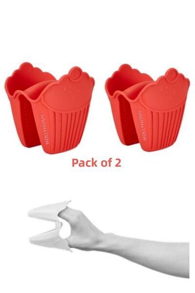 HOLLYHOME Set of 2 Red Silicone Cupcake - Fireproof Gloves, Tray and Microwav...