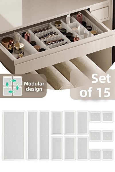 Fesya Home مجموعة منظم أدراج مكياج أوريغامي مكونة من 15 قطعة شفافة 6K-60-2B-1XL