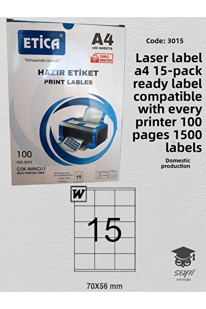 SEYFİKİRTASİYE ملصق ليزر A4 - 15 قطعة، 100 صفحة، 1500 قطعة، متوافق مع الطابعة...