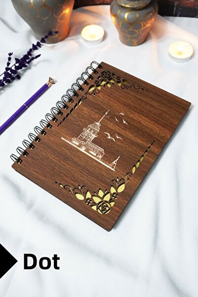 markcat Maiden's Tower Wooden Cover Spiral Notebook - Dotted Notebook - 60 Sheets (120 Pages) - A5 15X21 cm