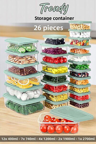 Meleni Home Microwave Suitable 4 Piece Set, Green Rectangular Food Storage Container Organizer