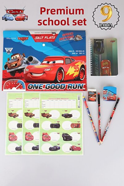 CARS Licensed 9 Piece Stationery Set - Snap File, 24-Piece School Label, Block Note, 3 Lead with Eraser