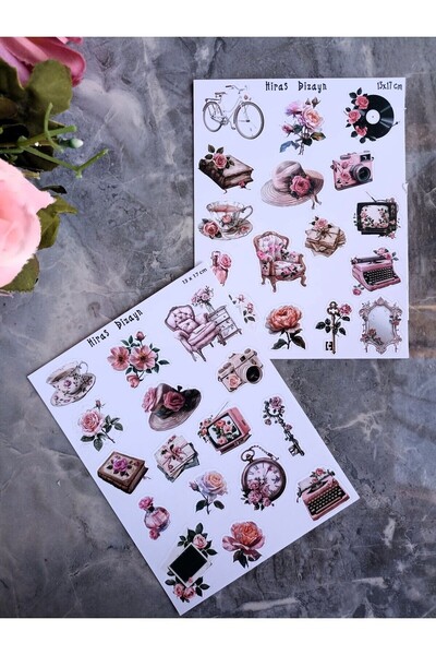 Hiras Dizayn Set de autocolante vintage retro cu elemente florale bicicletă Bullet Journal Scrapbook Agenda 2 pagini