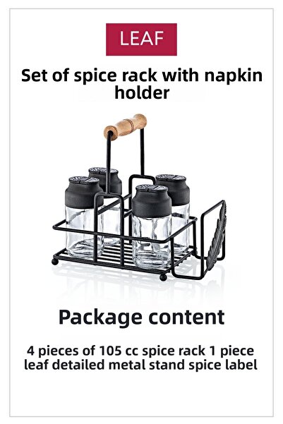 grimorlife Set de 4 vase de sticlă cu capac dublu pentru restaurant, cafenea, condimente, cu suport metalic, suport pentru șervețele și compartiment pentru șervețele umede