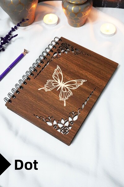 markcat Butterfly Wooden Cover Notebook - Dotted Notebook - 60 Sheets (120 Pages) - A5 15X21 cm