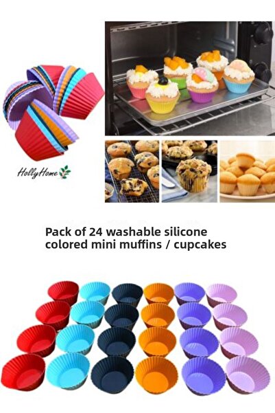 HOLLYHOME قالب خبز مافن صغير مسنن قابل للغسل مكون من 24 قطعة، كعكة مضلعة، كب ...