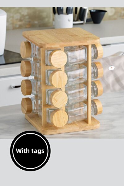 NEWNOW 17 Piece Spice Set with Bamboo Swivel Stand, Borosilicate Glass Label
