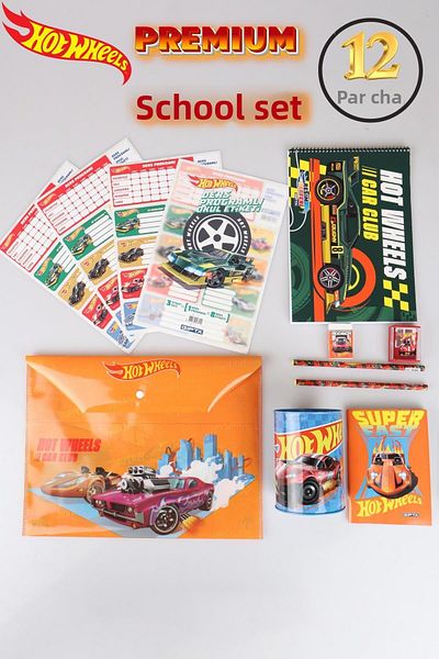HOT WHEELS New Season Licensed Hot Wheels 12 Piece Stationery Set - Snap File, Pen, Eraser, Piggy Bank, Pencil Sharpener RE