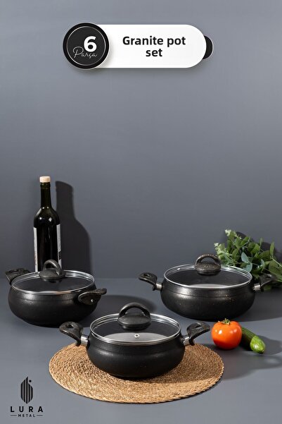 Homekolik طقم أواني طهي جرانيت أسود مكون من 6 قطع - أنيق ومتين بمقاسات 18، 20...