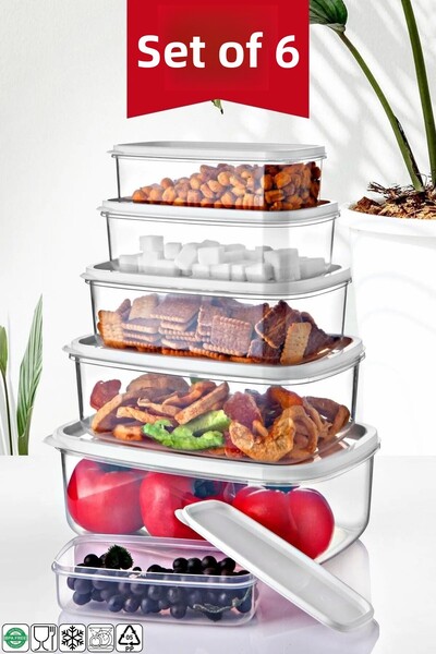Open Home Concept Set of 6 Rectangular White Storage Containers 300 ml-500 ml 800 ml 1200 ml 1900 ml 2900 ml