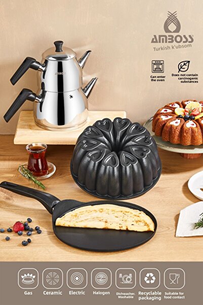 Amboss 5 Pieces Day Set Crepe Pan Cake Mold & Stainless Steel Teapot