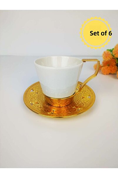 İnova Home Decor طقم أكواب شاي نسكافيه كبيرة من البورسلين الذهبي والأبيض من أزرا - 6 أشخاص