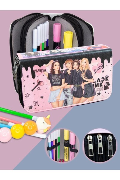 OneSize Husă pentru creion Black Pink Blink din piele vegană cu trei comparti...