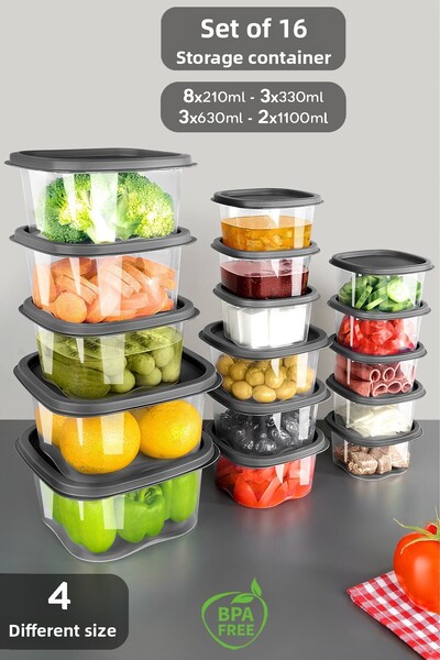 Meleni Home مجموعة من 16 حاوية تخزين طعام مربعة من أنثراسايت - مناسبة للتجميد العميق في الميكروويف