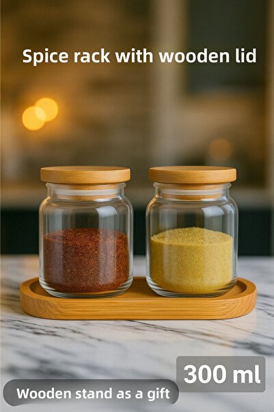 Serin Bardak طقم توابل مكون من قطعتين مع غطاء من الخيزران وحامل 300 مل