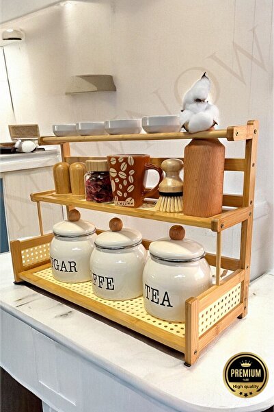 NEWNOW رف كونترتوب من الخيزران، رف توابل، كوب، رف منظم للأطباق، تصميم خاص 50 × 34 × 23 سم