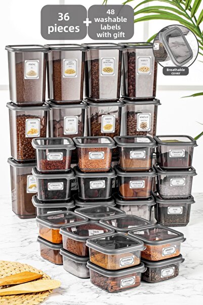 Meleni Home 36 Pieces Square Pulses Storage Container Labeled Food Container Breakfast Spice Rack 12x(300-500-1100 ml)