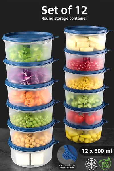 Meleni Home 12-Piece Dark Blue Round Food Storage Set - Food Organizer Container 12X600Ml